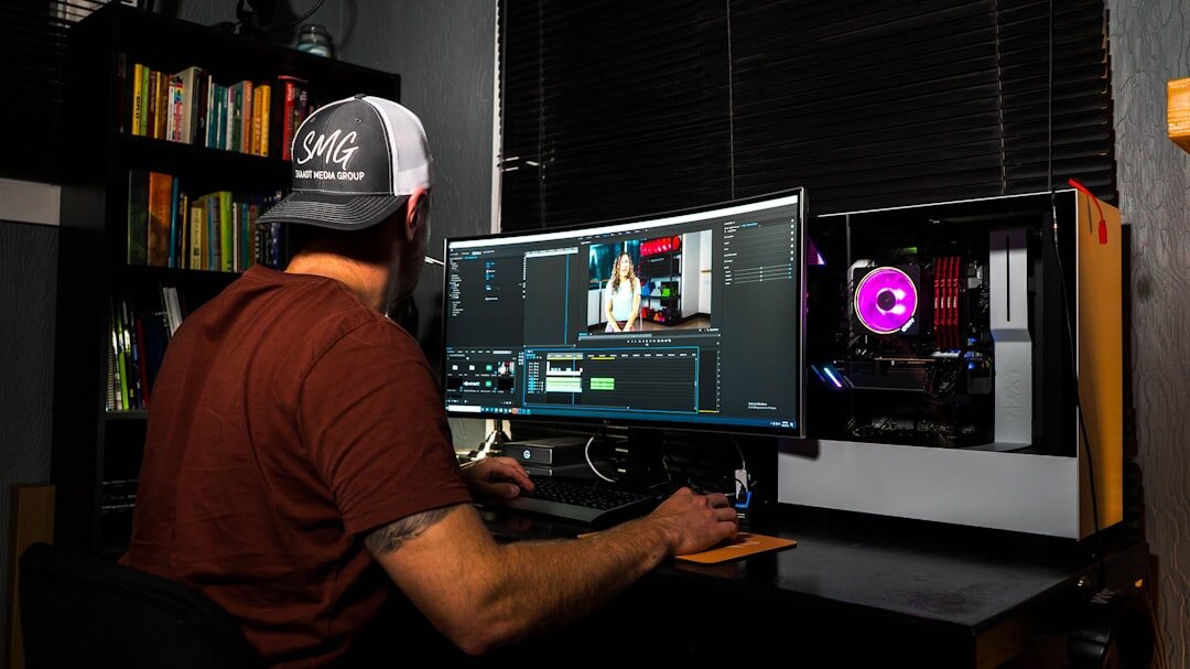 Video editor working at a multi-monitor editing suite